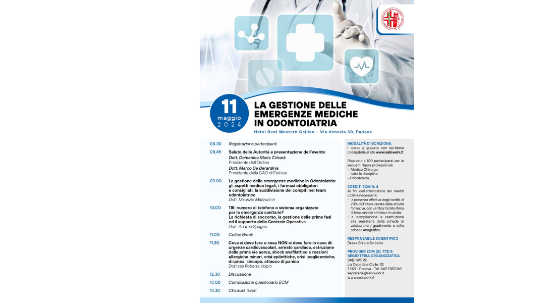 Clicca per accedere all'articolo Evento Residenziale: La gestione delle emergenze mediche in Odontoiatria